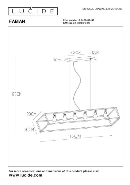 Lucide FABIAN - Pendant light - 6xE27 - Black - technical